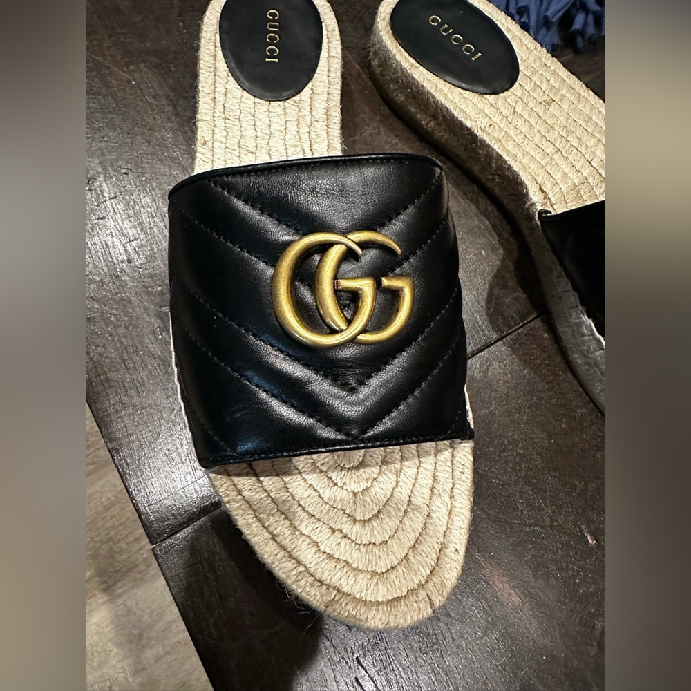 Gucci Black and Gold Logo Espadrille Sandals